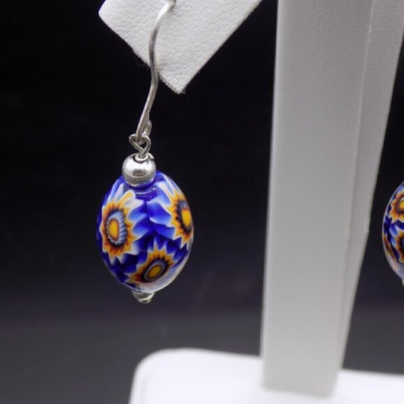 925 Sterling Silver Blue Glass Earrings Floral Beads Millefiori Style Signed FAS - Picture 3 of 5
